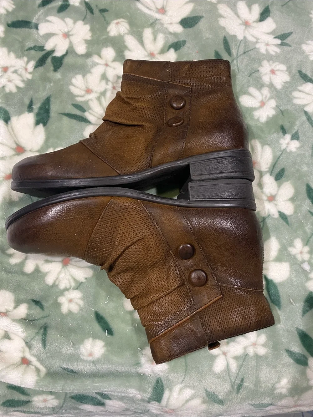Miz Mooz Brown Leather Ankle Booties with Decorative Buttons
